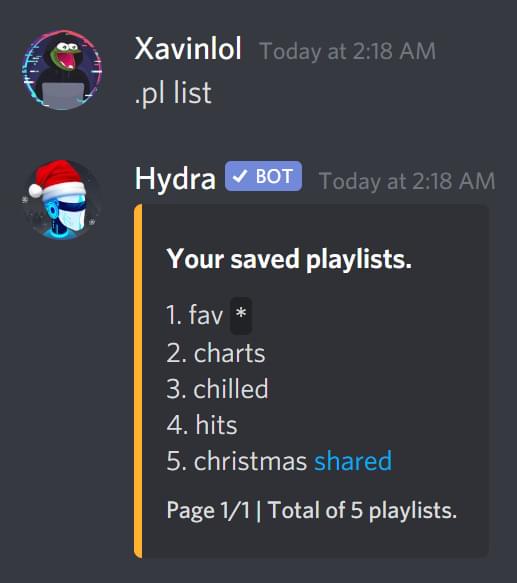 Example of a list of saved playlists