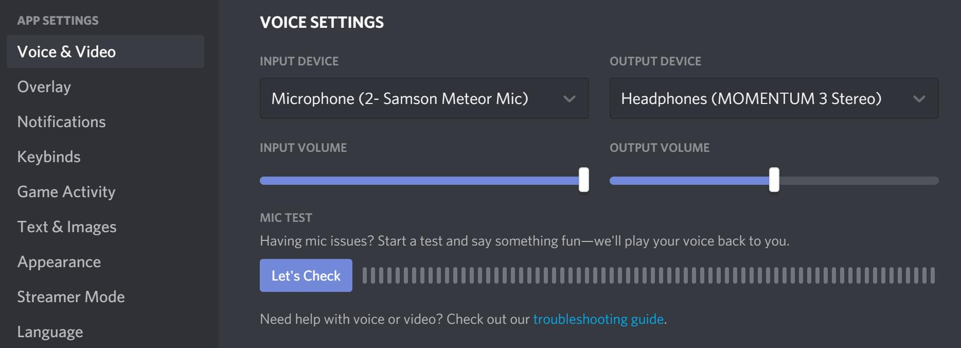 Example of audio and video settings in Discord