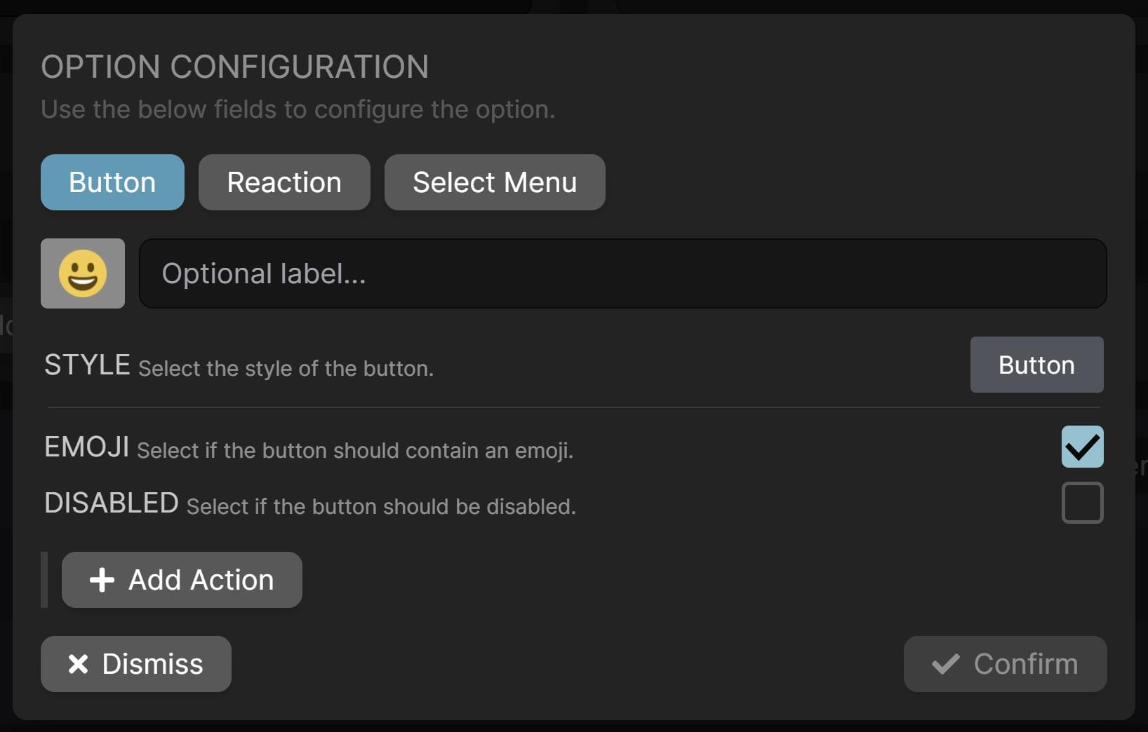 Example of the option configuration panel